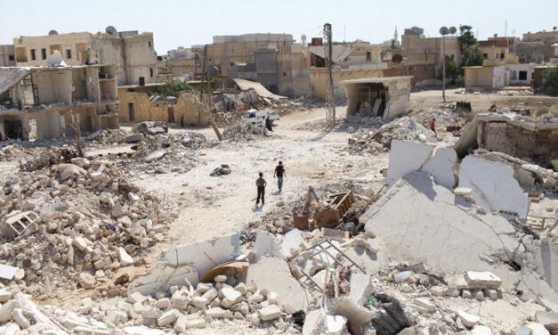 Children in rubble of demolished buildings due to conflict in Syria