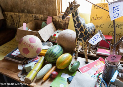 Locally made teaching and learning materials including a giraffe and a tree (and a few balls) in the Standard 2 classroom. Nyerere Primary School, Mpanda MC, Katavi, Tanzania