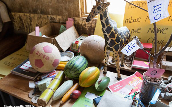 Locally made teaching and learning materials including a giraffe and a tree (and a few balls) in the Standard 2 classroom. Nyerere Primary School, Mpanda MC, Katavi, Tanzania