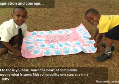 Two schoolchildren hold out their poster with ‘hand of peace’ prints from all the class. Text in the middle of hand prints - Hands of Peace not for fighting!!! Text overlaying image: Risk, imagination and courage..... Reach out to those you fear; Touch the heart of complexity. Imagine beyond what is seen; Risk vulnerability one step at a time Ledrach, 2005