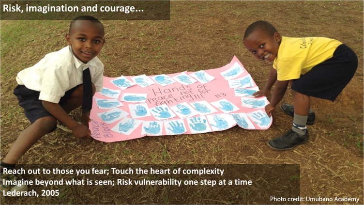 Two schoolchildren hold out their poster with ‘hand of peace’ prints from all the class. Text in the middle of hand prints - Hands of Peace not for fighting!!! Text overlaying image: Risk, imagination and courage..... Reach out to those you fear; Touch the heart of complexity. Imagine beyond what is seen; Risk vulnerability one step at a time Ledrach, 2005