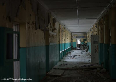 Debris lines a hallway within the destroyed School No. 18 in the city of Chernihiv, northern Ukraine, November 2022.