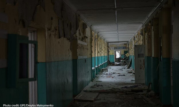 Debris lines a hallway within the destroyed School No. 18 in the city of Chernihiv, northern Ukraine, November 2022.