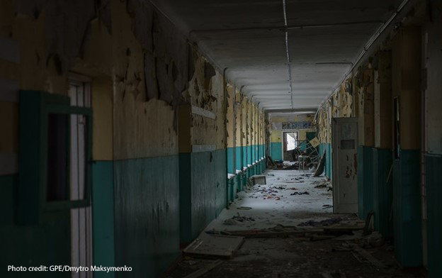 Debris lines a hallway within the destroyed School No. 18 in the city of Chernihiv, northern Ukraine, November 2022.