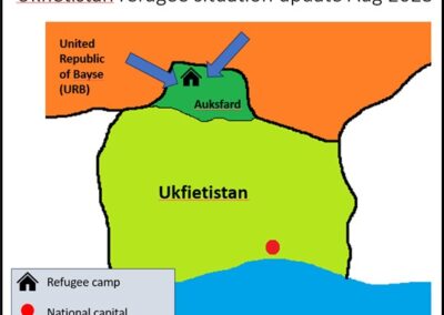 Fictional country of Ukfietistan, with a refugee camp in the north region Auksfard. This borders with the country United Republic of Bayse (URB)