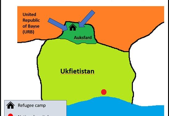 Fictional country of Ukfietistan, with a refugee camp in the north region Auksfard. This borders with the country United Republic of Bayse (URB)