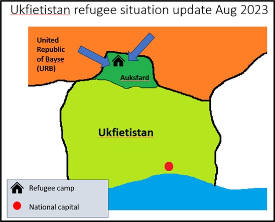 Fictional country of Ukfietistan, with a refugee camp in the north region Auksfard. This borders with the country United Republic of Bayse (URB)