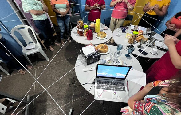 Workshop where participants throw a ball of string across the room at another participant and end up with a ‘web’ between them.