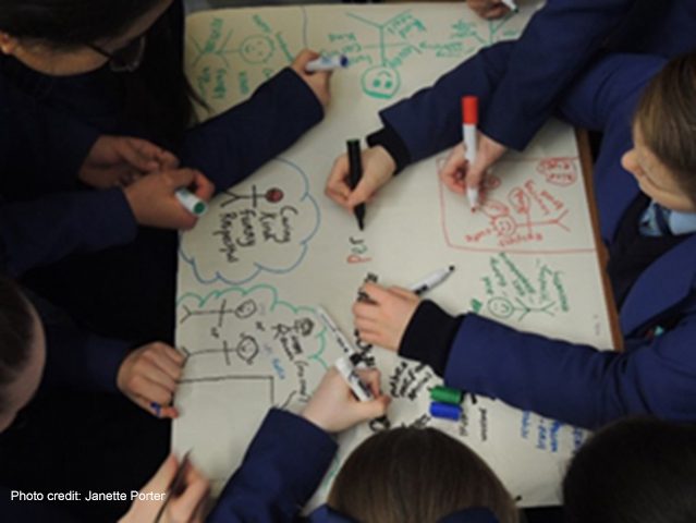 Children's hands adding to a flipchart page using coloured pens at a Creative workshop for Perfect Partner, in a secondary school in Greater Merseyside, 2018.