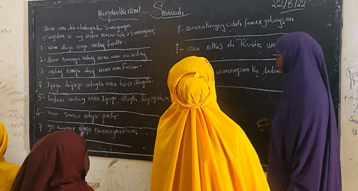 Girls look at the blackboard together in a classroom, Somalia.