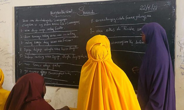 Girls look at the blackboard together in a classroom, Somalia.