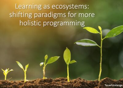 Five small plants in a row according to their size. "Learning as ecosystems: shifting paradigms for more holistic programming