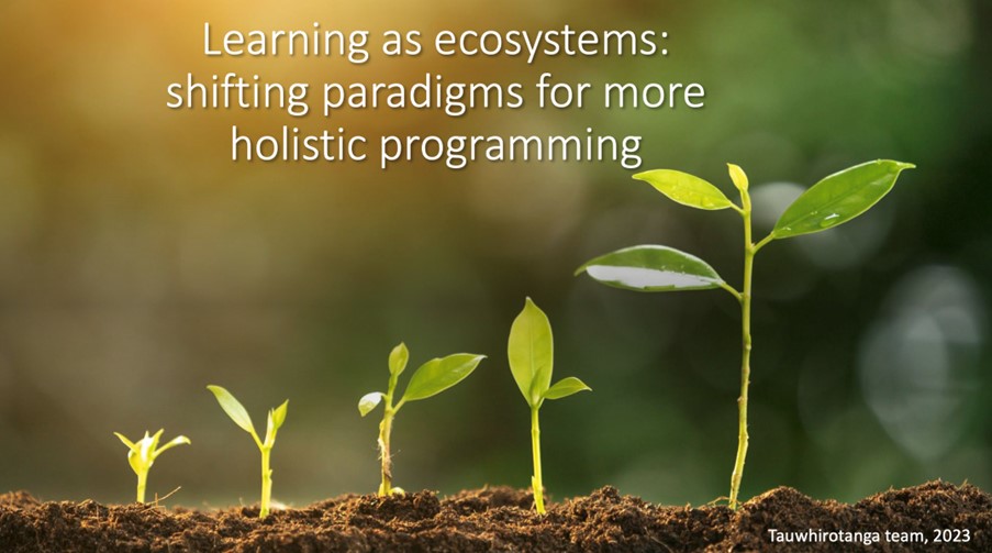 Five small plants in a row according to their size. "Learning as ecosystems: shifting paradigms for more holistic programming