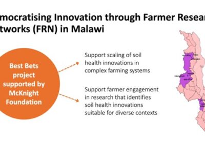 Democratising Innovation through Farmer Research Networks (FRN) in Malawi. Image of Malawi showing regions. Circle with text Best Bets project supported by McKnight Foundation . Arrows to further text: Support scaling of soil health innovations in complex farming systems. Support farmer engagement in research that identifies soil health innovations suitable for diverse contexts.