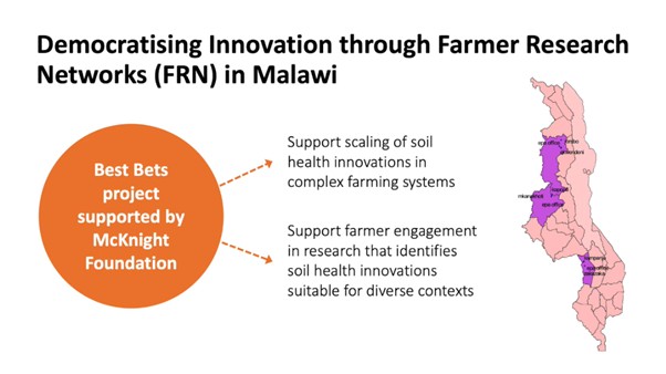 Democratising Innovation through Farmer Research Networks (FRN) in Malawi. Image of Malawi showing regions. Circle with text Best Bets project supported by McKnight Foundation . Arrows to further text: Support scaling of soil health innovations in complex farming systems. Support farmer engagement in research that identifies soil health innovations suitable for diverse contexts.