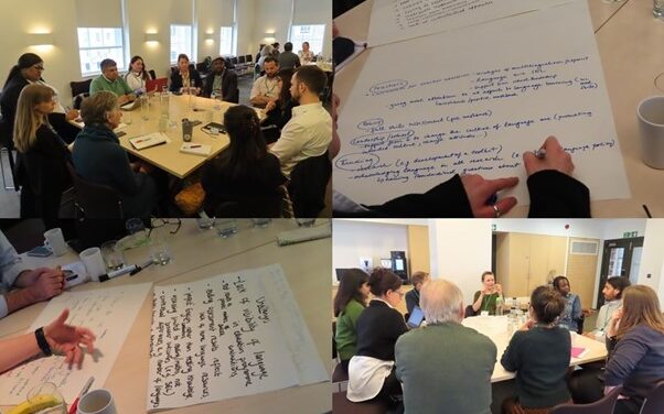 Montage of different photos taken at the language day 19-3-24 some groups and some writing on flip charts