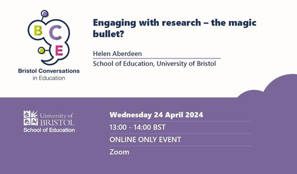 Poster advertising the Bristol Conversations in Education event on 24 April 2024 with Univ Bristol Logo