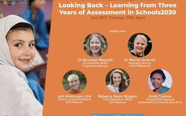 Poster advertising the Looking back: learning from Three Years of Assessment in Schools2030. 30 April 2024 at 1:pm Photos of speakers: Bronwen Magrath, Rachael Outhred, Jem Alvarenga Lima, Rebecca Sayre Mojgani, Emily Tusime #MeasureWhatMatters