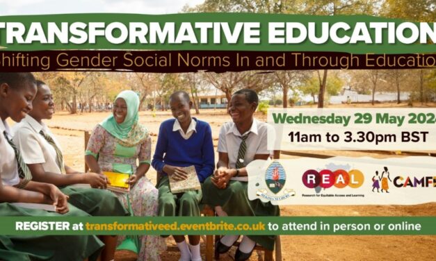 Poster advertising the Transformative Education: Shifting Gener Social Norms In and Through Education event 29 May 2024 REAL and CAMFED Logos. Photo of school children sitting outside in a group smiling