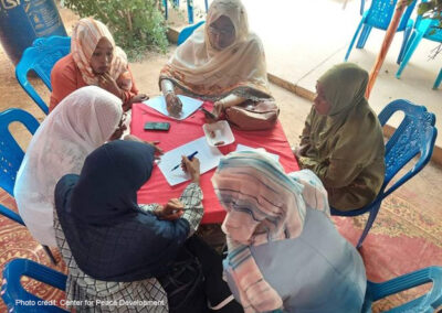 A group of women sit around a table working together on peacebuilding awareness plans.