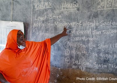 Female teacher ini a bright orange robe, stands at the blackboard in a classroom for the Kano Literacy and Mathematics Accelerator (KaLMA) project, Kano State, Nigeria.