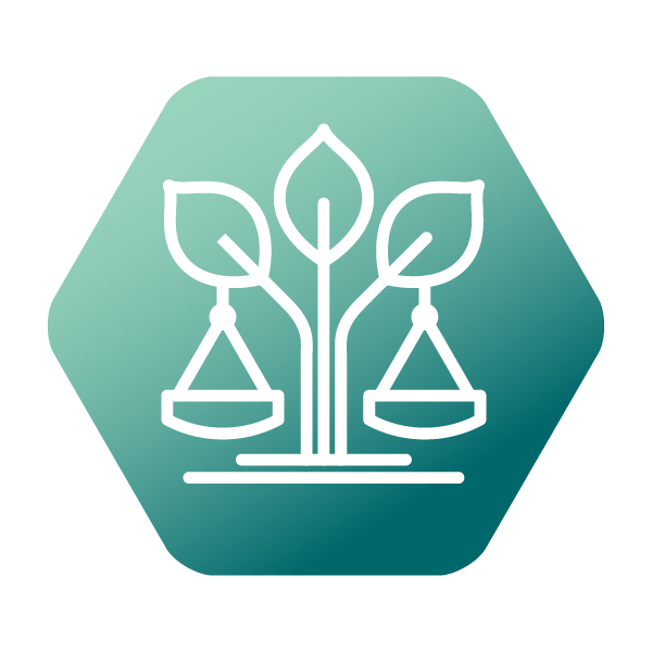 Icon for Climate and environmental justice theme at UKFIET Conference 2025. dark green background with while leaves and balance scales
