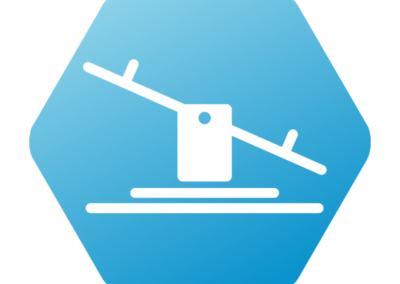Icon for Equitable Partnerships and Cross-Cultural Collaboration theme at UKFIET Conference 2025. Light blue background with white see saw