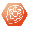 Icon for Skills and knowledge theme at UKFIET Conference 2025. Orange background with white head outliine and mechanism within