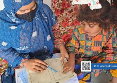 A female teacher sits on the floor with a girl student, Pakistan. QR Code for Facebook and X ACER Pakistan