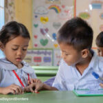 Two young children learn together in class, Cambodia