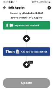 IFTTT Android application screenshot that forwards any new SMS received and forwards it to a linked Google Sheet