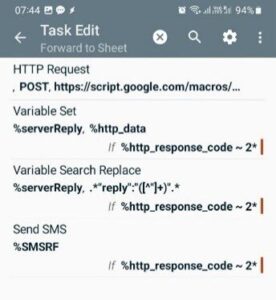 Fig 3: Screenshot from a Tasker Android app showing coding that feeds an SMS query into Google Sheets and forwards a personalised SMS response.