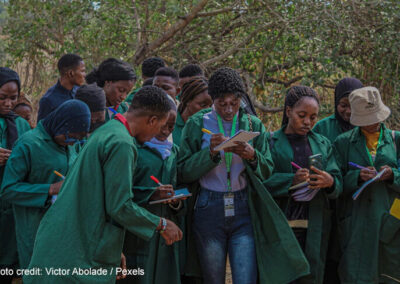 Young people stand under a tree taking notes for a citizen science project.