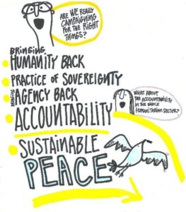 Illustration with faces and a dove: Are we really campaignig for the right things? Bringinging humanity back, practice of sovereignty, bringing agency back, accountability, What about the accountability in the whole humanitarian sector?