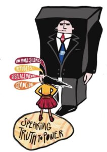 Illustration of a girl standing firm speaking truth to power opposite a towering businessman or bodyguard. She is affirming: No more silence, refugees, displacement, genocide.