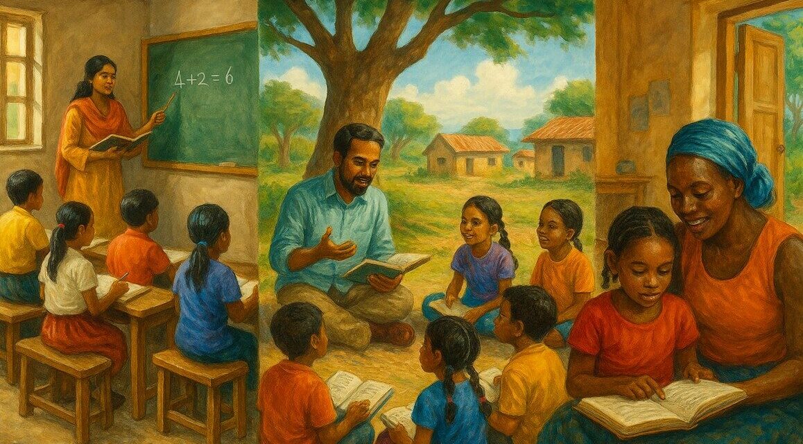 Teachers around the world teaching primary school children – one in a classroom in India, one under a tree outside and one sitting with a girl at home.