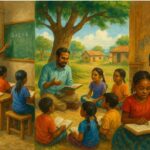 Teachers around the world teaching primary school children – one in a classroom in India, one under a tree outside and one sitting with a girl at home.