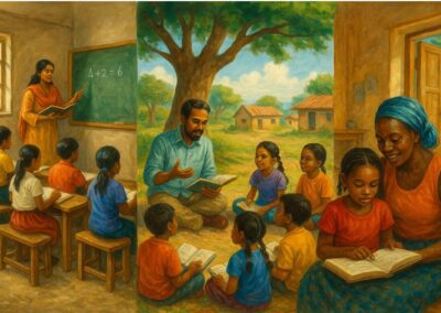 Teachers around the world teaching primary school children – one in a classroom in India, one under a tree outside and one sitting with a girl at home.