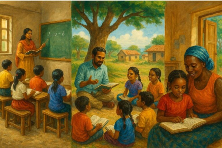 Teachers around the world teaching primary school children – one in a classroom in India, one under a tree outside and one sitting with a girl at home.
