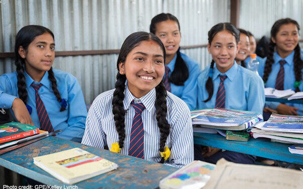 Girls in Class 10 sit at their desks in Sindhupalchowk District, Nepal.