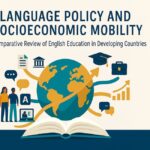 Illustration of the Earth with educational icons. Language Policy and Socio economic mobility - A comparative review fo English Education in Developing Countries