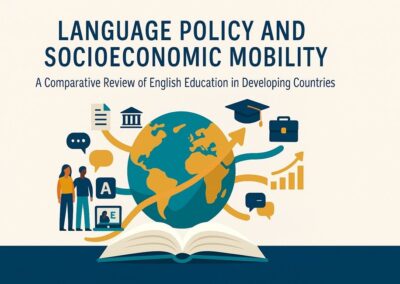 Illustration of the Earth with educational icons. Language Policy and Socio economic mobility - A comparative review fo English Education in Developing Countries
