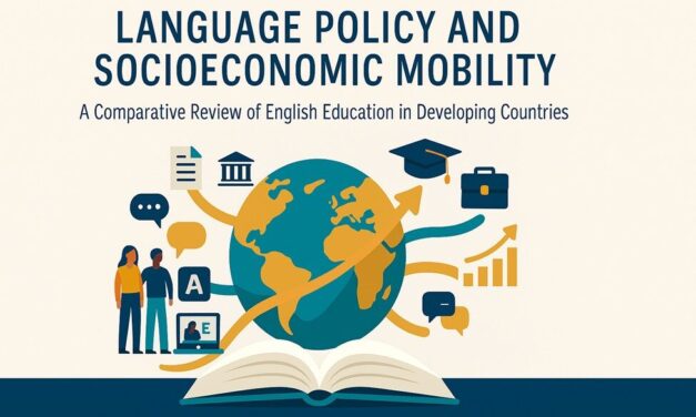Illustration of the Earth with educational icons. Language Policy and Socio economic mobility - A comparative review fo English Education in Developing Countries