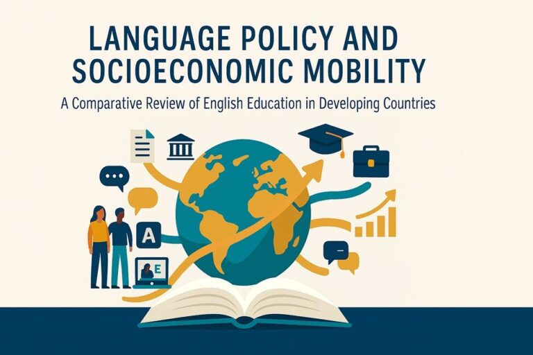 Illustration of the Earth with educational icons. Language Policy and Socio economic mobility - A comparative review fo English Education in Developing Countries