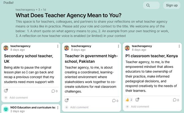 A screen shot of a Padlet - What does Teacher Agency Mean to You?