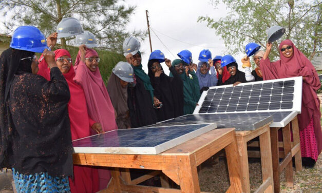 Participants in BRIDGES project with hard hats and solar panels