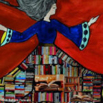 Artwork showing empowerment through education (University of East Anglia, 2024) depictin a woman moving freely with her flowing skirt made of books in bookcases