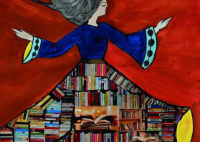 Artwork showing empowerment through education (University of East Anglia, 2024) depictin a woman moving freely with her flowing skirt made of books in bookcases