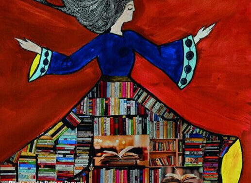 Artwork showing empowerment through education (University of East Anglia, 2024) depictin a woman moving freely with her flowing skirt made of books in bookcases