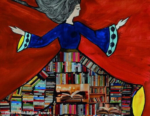 Are our partnerships opening doors Artwork showing empowerment through education (University of East Anglia, 2024) depictin a woman moving freely with her flowing skirt made of books in bookcases